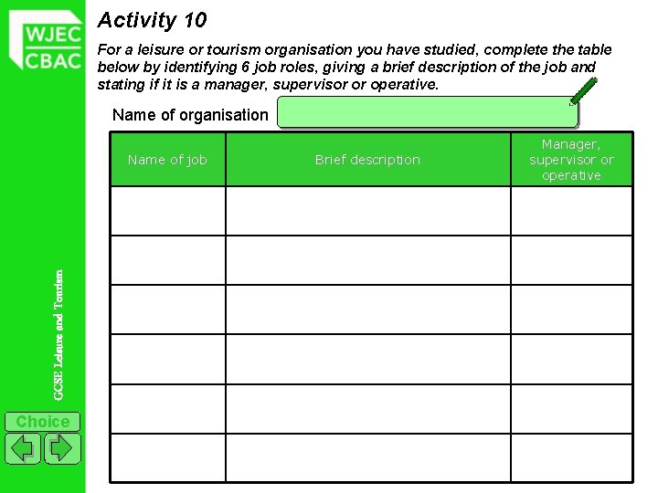 Activity 10 For a leisure or tourism organisation you have studied, complete the table