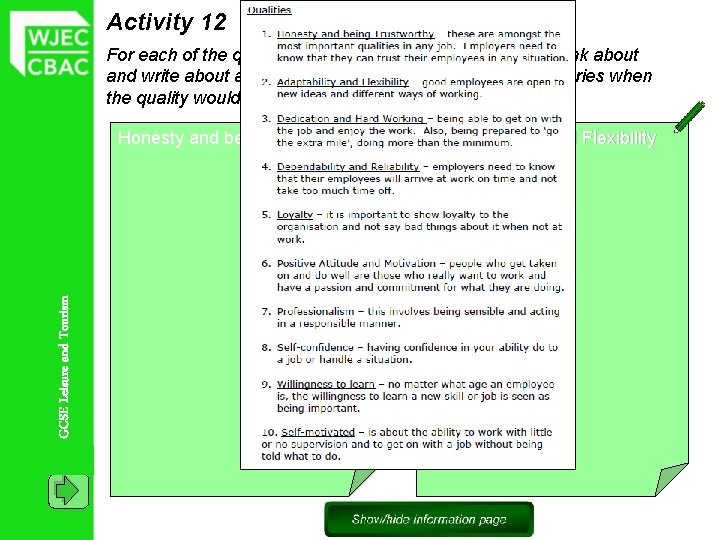 Activity 12 For each of the qualities listed on the information page, think about