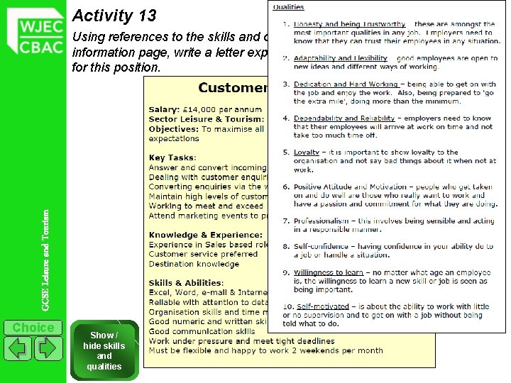 Activity 13 GCSE Leisure and Tourism Using references to the skills and qualities mentioned