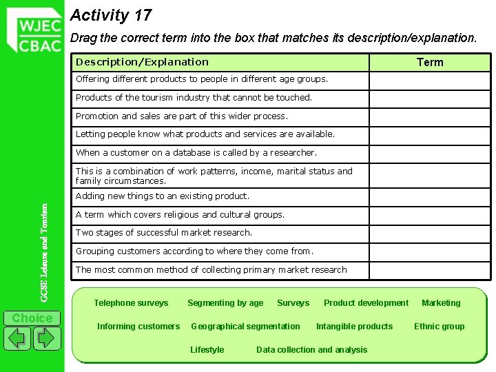 Activity 17 Drag the correct term into the box that matches its description/explanation. Description/Explanation