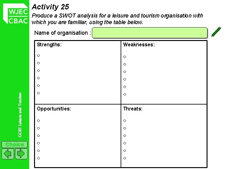Activity 25 Produce a SWOT analysis for a leisure and tourism organisation with which