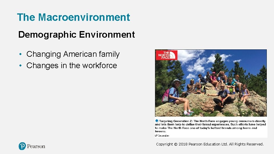 The Macroenvironment Demographic Environment • Changing American family • Changes in the workforce Copyright