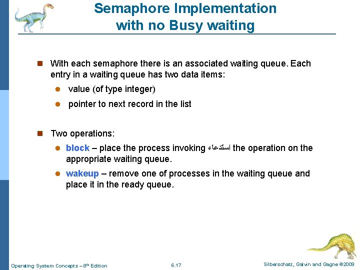 Semaphore Implementation with no Busy waiting With each semaphore there is an associated waiting