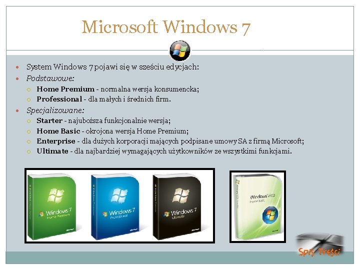 Microsoft Windows 7 System Windows 7 pojawi się w sześciu edycjach: Podstawowe: Home Premium