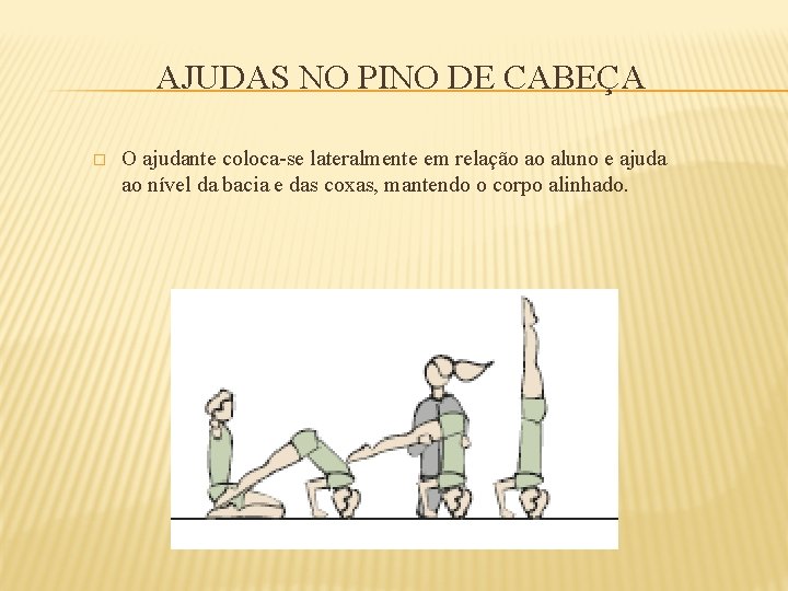 AJUDAS NO PINO DE CABEÇA � O ajudante coloca-se lateralmente em relação ao aluno