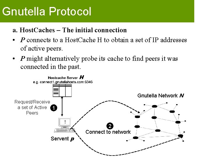 Gnutella Protocol a. Host. Caches – The initial connection • P connects to a