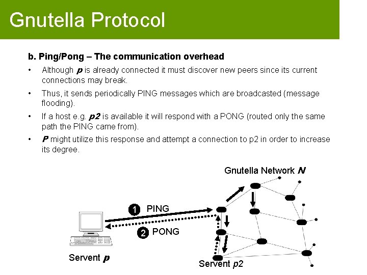 Gnutella Protocol b. Ping/Pong – The communication overhead • Although p is already connected