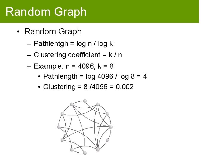 Random Graph • Random Graph – Pathlentgh = log n / log k –