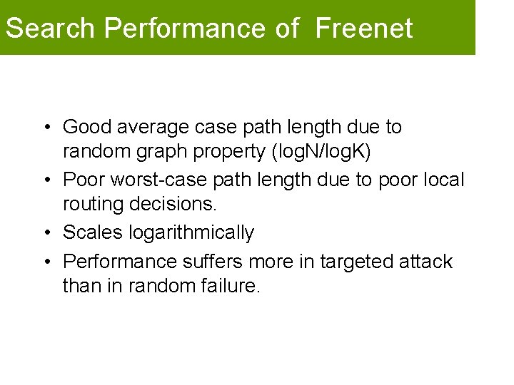 Search Performance of Freenet • Good average case path length due to random graph