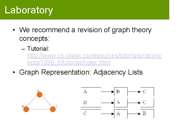 Laboratory • We recommend a revision of graph theory concepts: – Tutorial: http: //www.
