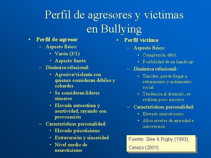 Perfil de agresores y víctimas en Bullying • Perfil de agresor • Perfil víctima