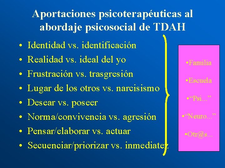 Aportaciones psicoterapéuticas al abordaje psicosocial de TDAH • • Identidad vs. identificación Realidad vs.