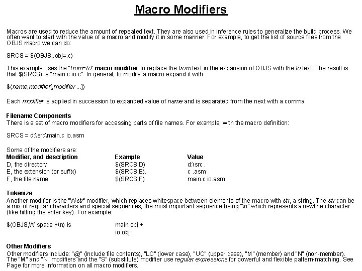 Macro Modifiers Macros are used to reduce the amount of repeated text. They are