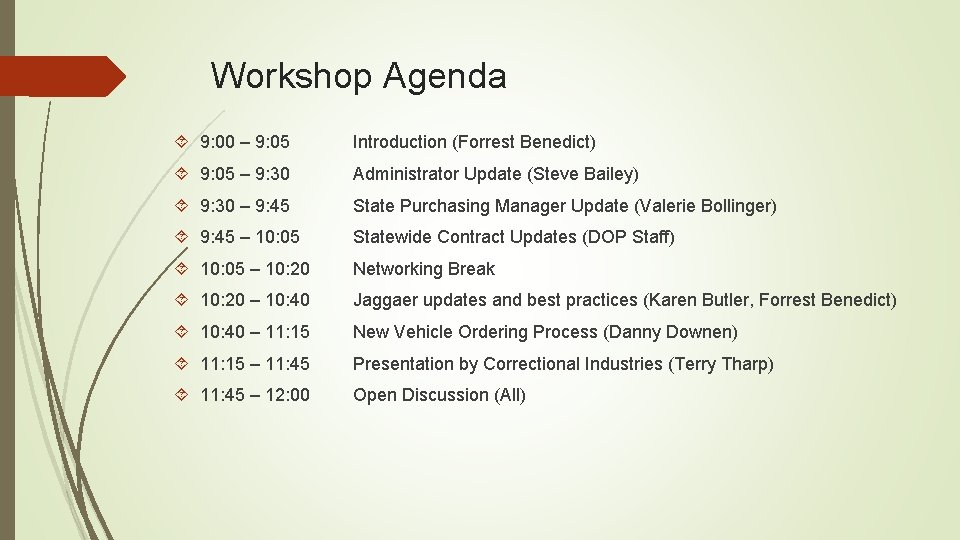 Workshop Agenda 9: 00 – 9: 05 Introduction (Forrest Benedict) 9: 05 – 9: