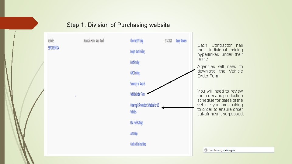 Step 1: Division of Purchasing website Each Contractor has their individual pricing hyperlinked under