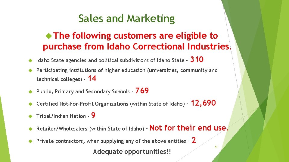 Sales and Marketing The following customers are eligible to purchase from Idaho Correctional Industries.