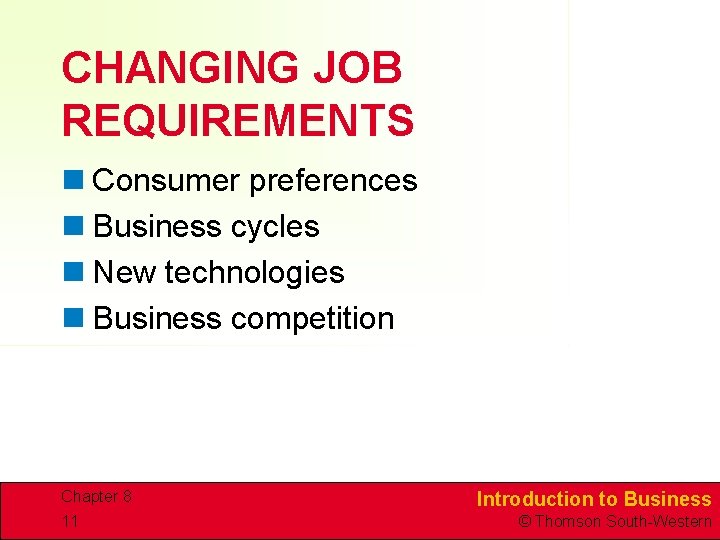 CHANGING JOB REQUIREMENTS n Consumer preferences n Business cycles n New technologies n Business