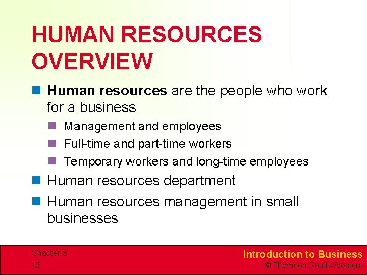 HUMAN RESOURCES OVERVIEW n Human resources are the people who work for a business