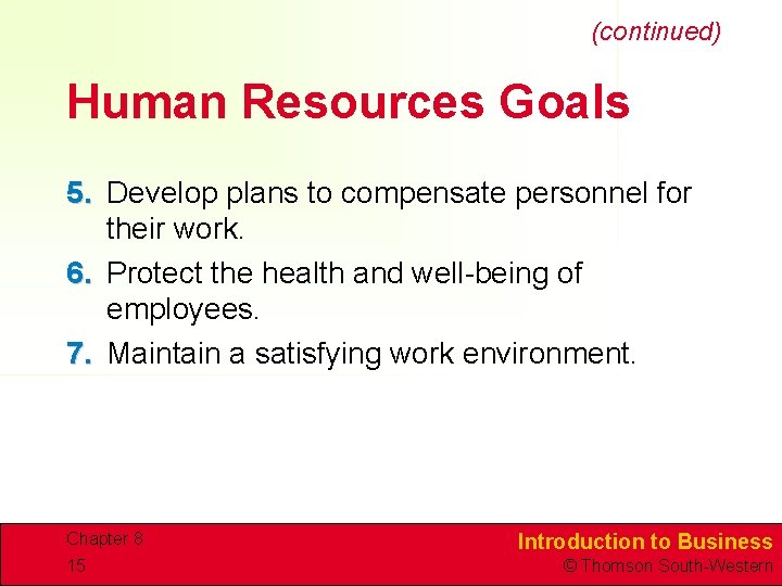 (continued) Human Resources Goals 5. Develop plans to compensate personnel for their work. 6.