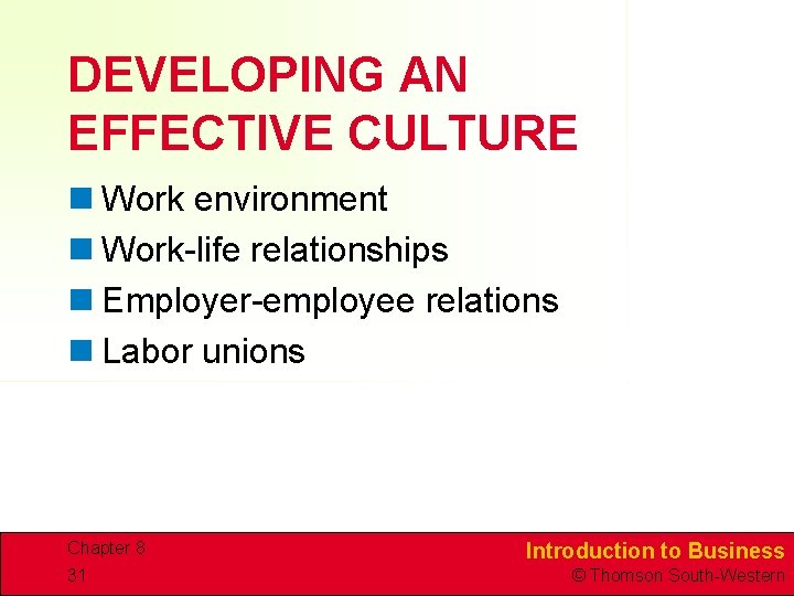 DEVELOPING AN EFFECTIVE CULTURE n Work environment n Work-life relationships n Employer-employee relations n