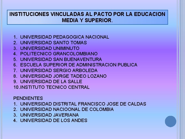 INSTITUCIONES VINCULADAS AL PACTO POR LA EDUCACION MEDIA Y SUPERIOR. 1. UNIVERSIDAD PEDAGOGICA NACIONAL