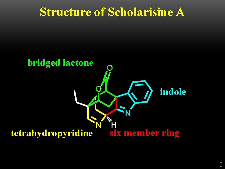 Structure of Scholarisine A bridged lactone indole tetrahydropyridine six member ring 2 