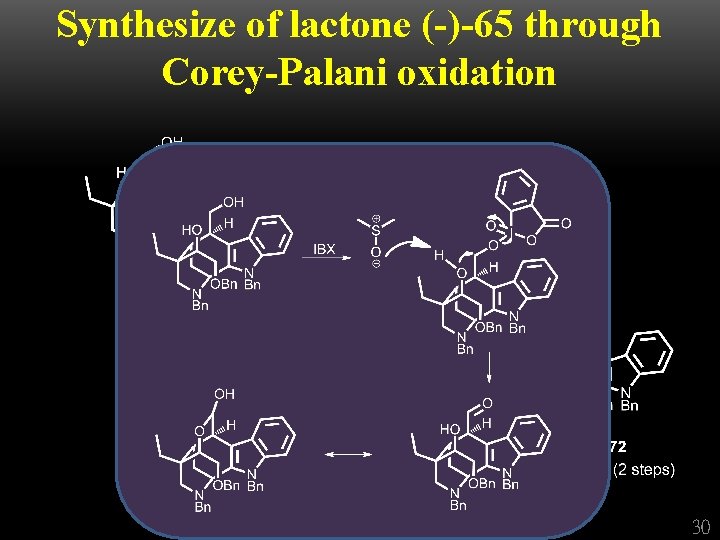 Synthesize of lactone (-)-65 through Corey-Palani oxidation 30 