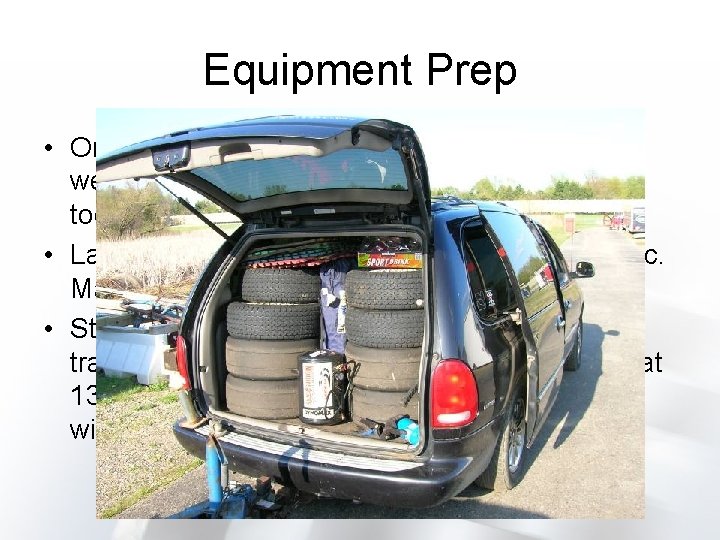 Equipment Prep • Organize tools, spares and other gear for race weekends – loading