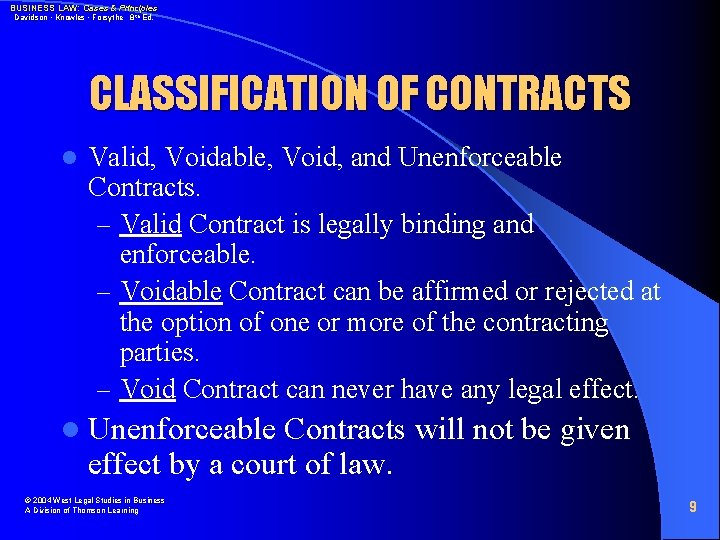BUSINESS LAW: Cases & Principles Davidson • Knowles • Forsythe 8 th Ed. CLASSIFICATION