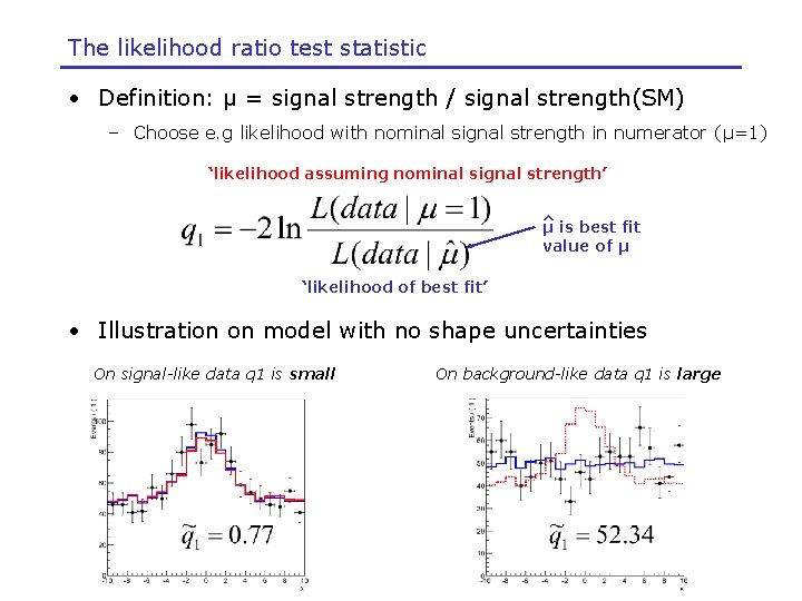 The likelihood ratio test statistic • Definition: μ = signal strength / signal strength(SM)