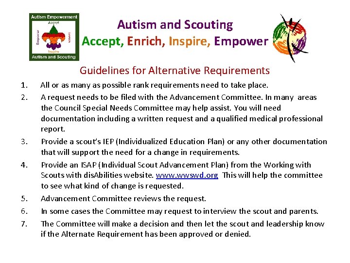 Autism and Scouting Accept, Enrich, Inspire, Empower Guidelines for Alternative Requirements 1. 2. 3.