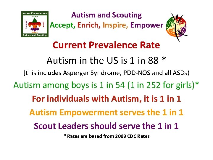 Autism and Scouting Accept, Enrich, Inspire, Empower Current Prevalence Rate Autism in the US