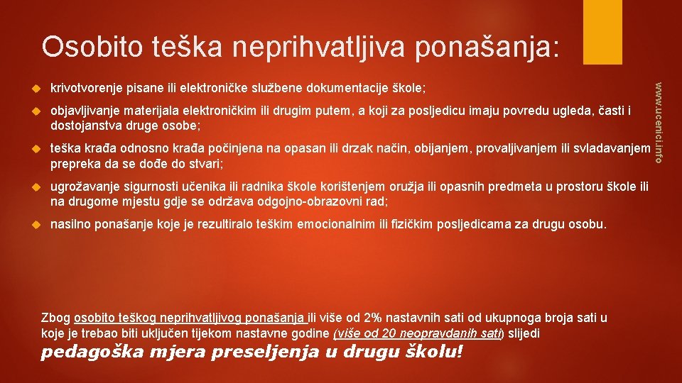 Osobito teška neprihvatljiva ponašanja: krivotvorenje pisane ili elektroničke službene dokumentacije škole; objavljivanje materijala elektroničkim