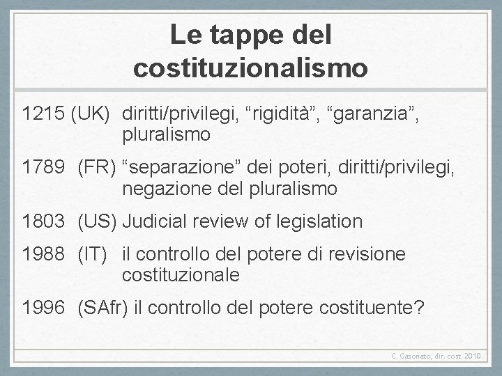 Le tappe del costituzionalismo 1215 (UK) diritti/privilegi, “rigidità”, “garanzia”, pluralismo 1789 (FR) “separazione” dei