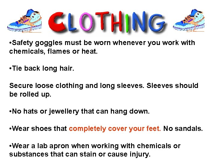  • Safety goggles must be worn whenever you work with chemicals, flames or