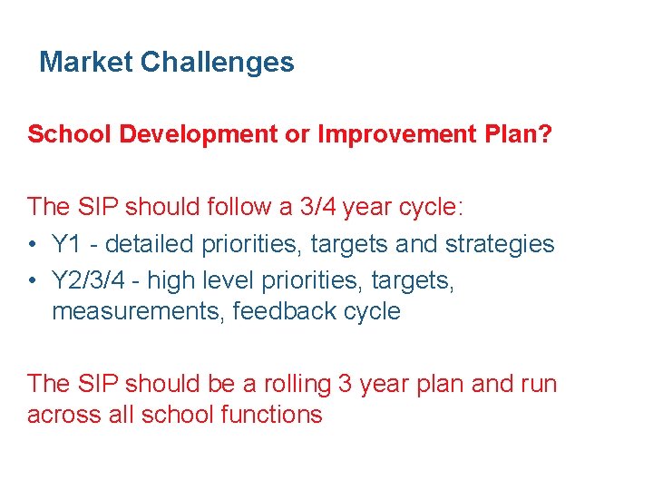 Market Challenges School Development or Improvement Plan? The SIP should follow a 3/4 year Market Challenges School Development or Improvement Plan? The SIP should follow a 3/4 year