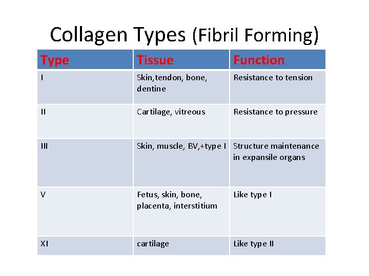 Collagen Types (Fibril Forming) Type Tissue Function I Skin, tendon, bone, dentine Resistance to