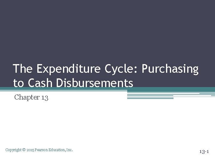 The Expenditure Cycle: Purchasing to Cash Disbursements Chapter 13 Copyright © 2015 Pearson Education,