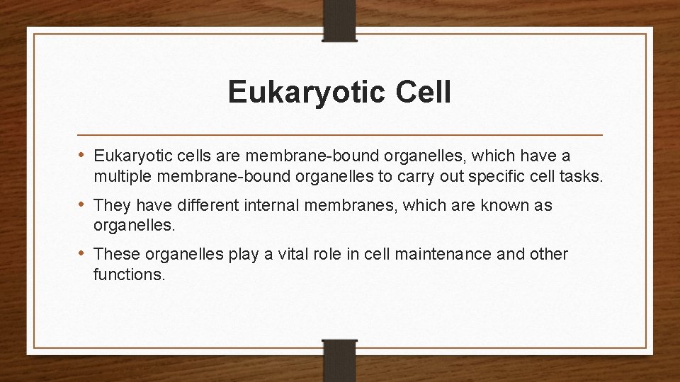 Eukaryotic Cell • Eukaryotic cells are membrane-bound organelles, which have a multiple membrane-bound organelles