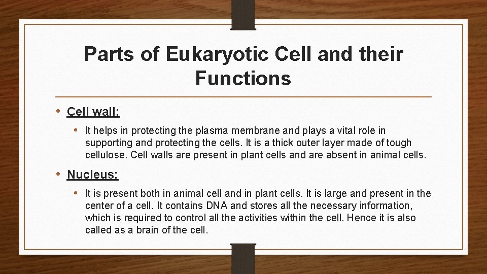 Parts of Eukaryotic Cell and their Functions • Cell wall: • It helps in