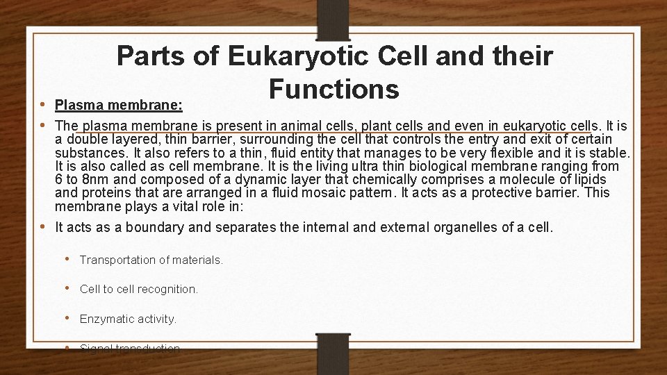 Parts of Eukaryotic Cell and their Functions Plasma membrane: • • The plasma membrane