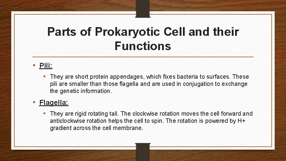 Parts of Prokaryotic Cell and their Functions • Pili: • They are short protein