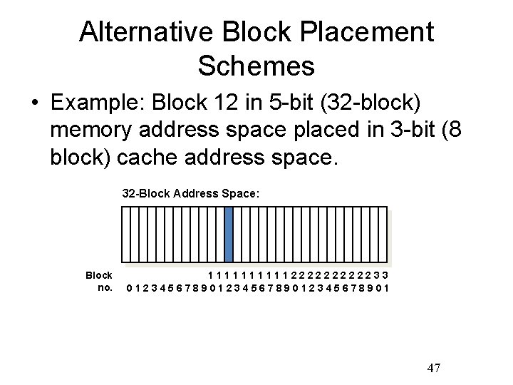 Alternative Block Placement Schemes • Example: Block 12 in 5 -bit (32 -block) memory