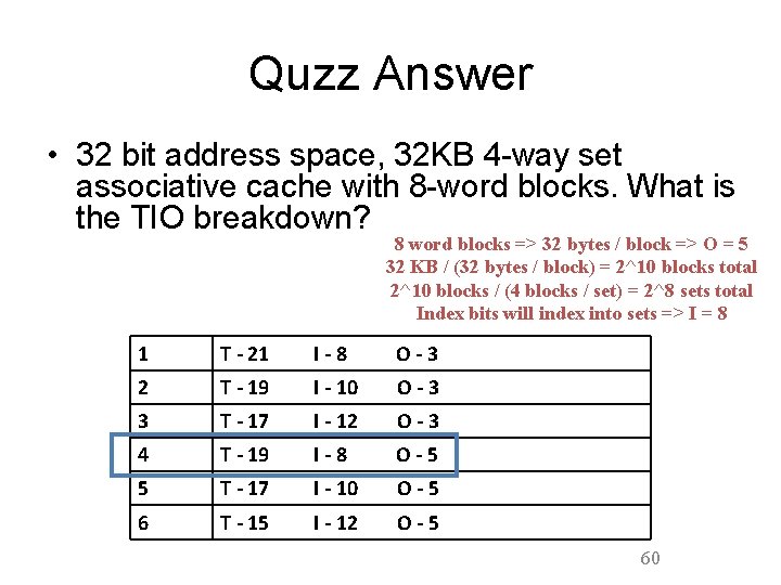 Quzz Answer • 32 bit address space, 32 KB 4 -way set associative cache