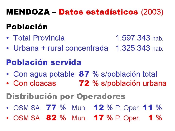 MENDOZA – Datos estadísticos (2003) Población • Total Provincia 1. 597. 343 hab. •