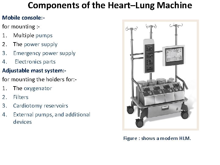 Components of the Heart–Lung Machine Mobile console: for mounting : 1. Multiple pumps 2. Components of the Heart–Lung Machine Mobile console: for mounting : 1. Multiple pumps 2.