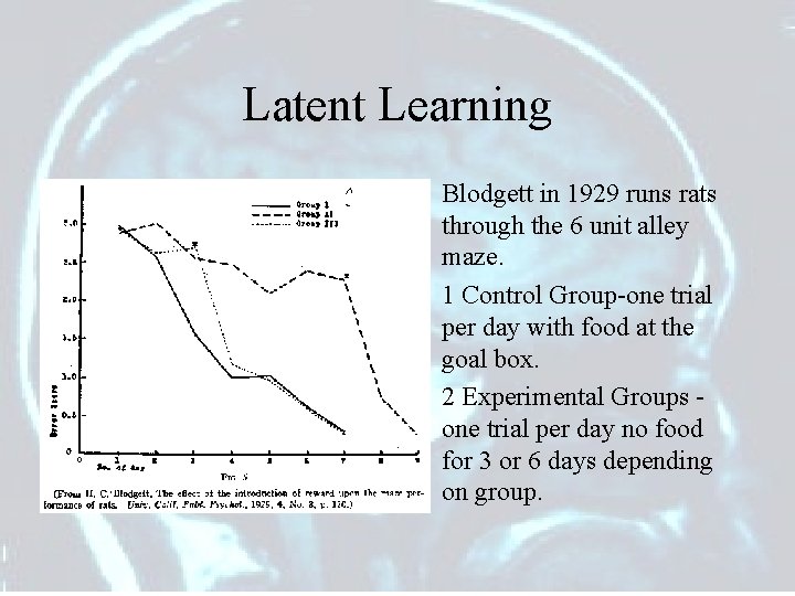 Latent Learning • Blodgett in 1929 runs rats through the 6 unit alley maze.