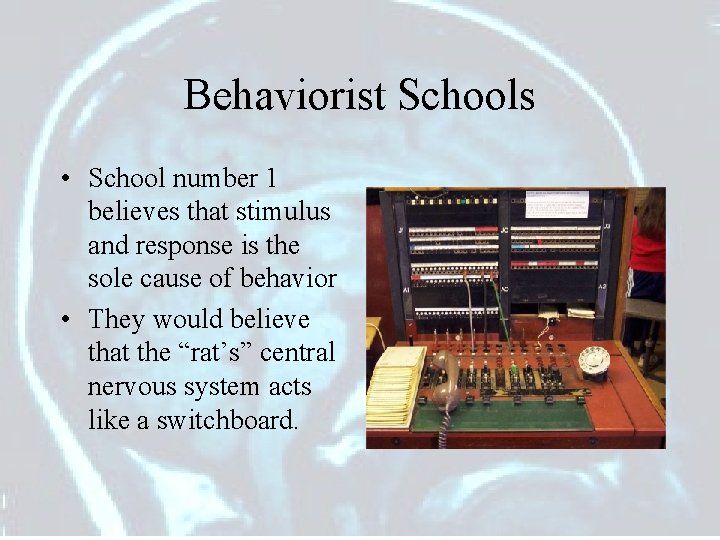 Behaviorist Schools • School number 1 believes that stimulus and response is the sole