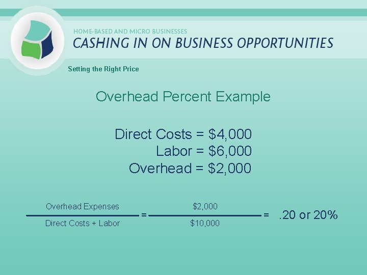 Setting the Right Price Overhead Percent Example Direct Costs = $4, 000 Labor =