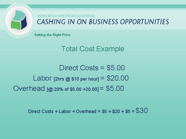 Setting the Right Price Total Cost Example Direct Costs = $5. 00 Labor [2